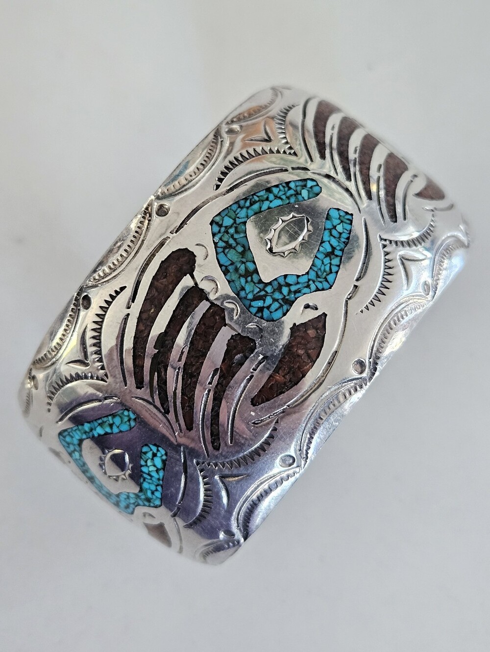 Vintage Zuni Bennie Bowekaty Turquoise Coral Sterling Silver Cuff Bracelet